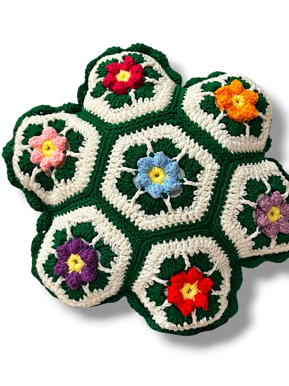 Vintage Handmade Crochet Flower Pillow | Retro Floral Throw Pillow | Boho